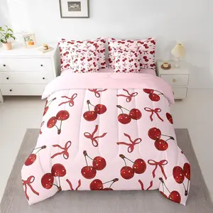 Girls Pink Cherry Bow 7 Piece Bedding Set Cute Silk Ribbon Bowknot Bed in a Bag Princess Girly Bow Tie Comforter Set with Sheets Soft Microfiber