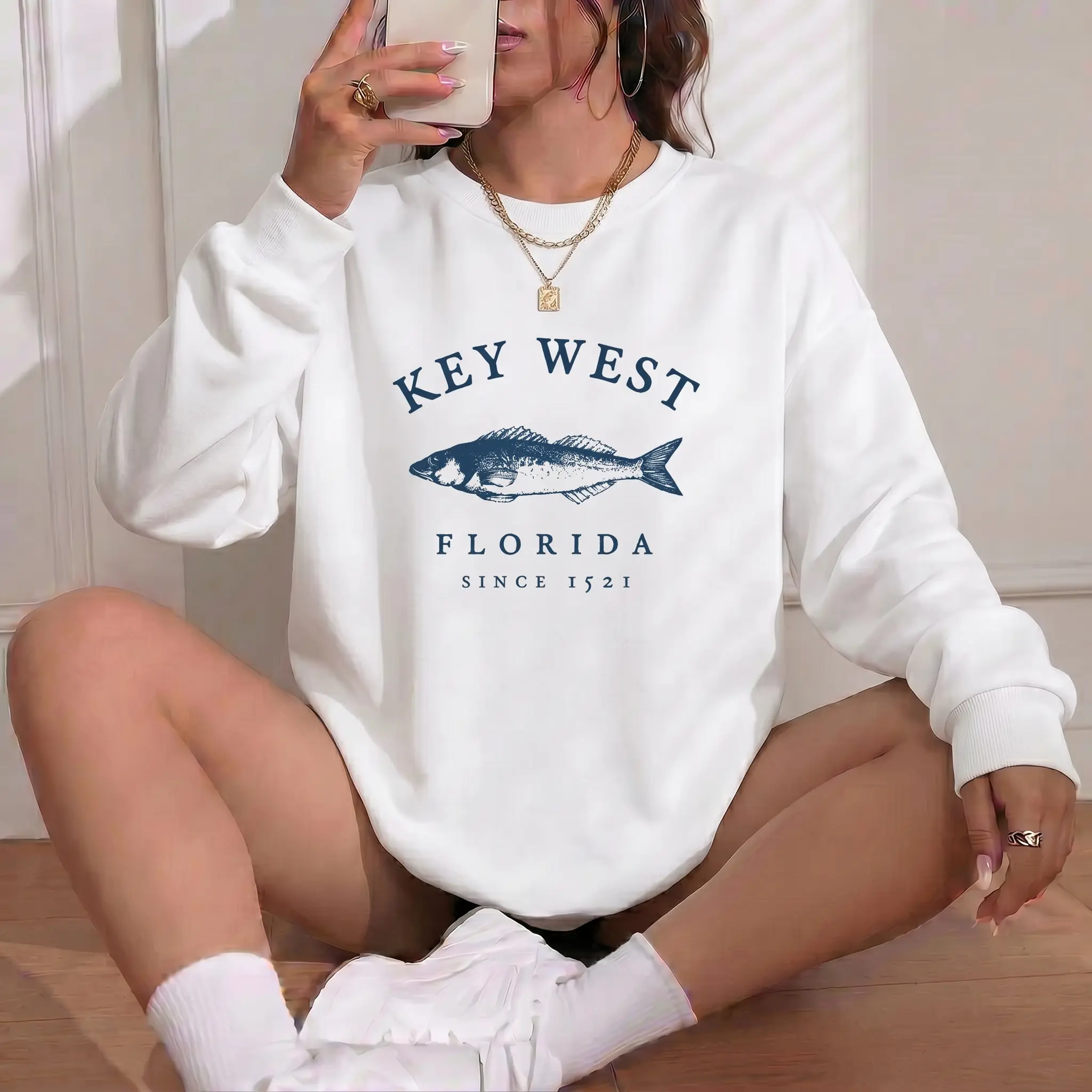 Key West Florida Sweatshirt, Fish Graphic Cotton Blend Crewneck Pullover for Coastal Travel, Beach Vacation and Island Souvenir Wear