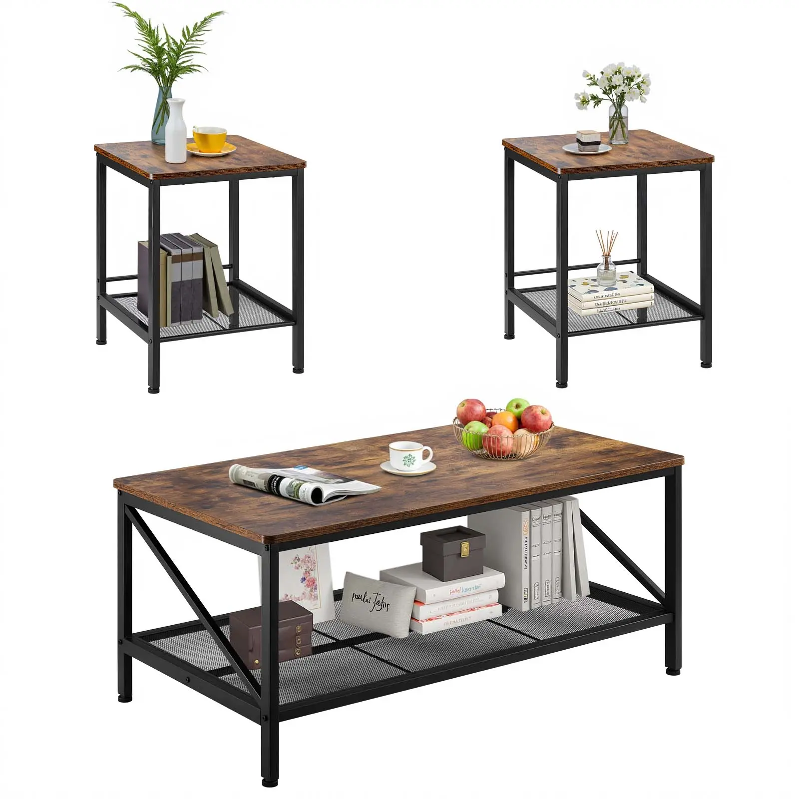 VEVOR 3-Piece Classic Multi-Piece Living Room Furniture Set - 41.3 in Rustic Wood Grain High-Quality Coffee Table, 2 Square Side Tables, Metal Legs, Hidden Storage, Easy Setup for Living Room, Apartment#SohoChic