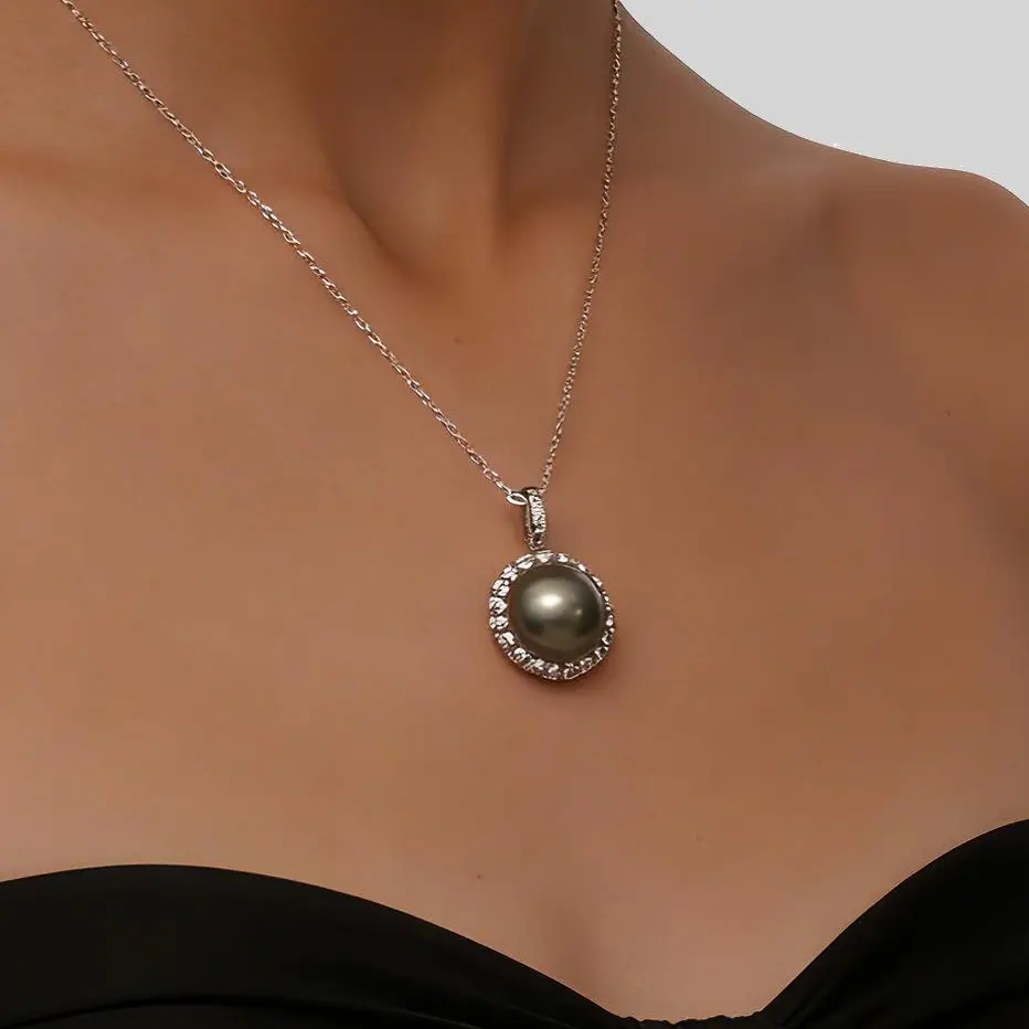 【High Quality Jewelry】 Natural Platinum Gray Tahitian Pearl 11-12mm Seawater Pearl, Silver Pendant with Chain for Women, Gift for Mother. Valentine's Day Gift