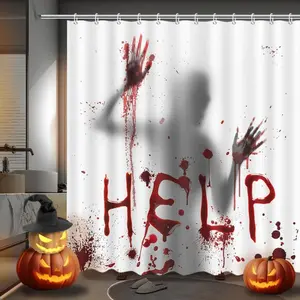 MEHOFOND Halloween Horror Shower Curtain Bloody Help Me Shower Curtain for Bathroom Halloween Bloodys Hands Party Scary Home Bathtub Decor Fabric Waterproof Bath Curtain with 12 Hooks 72x72 Inch