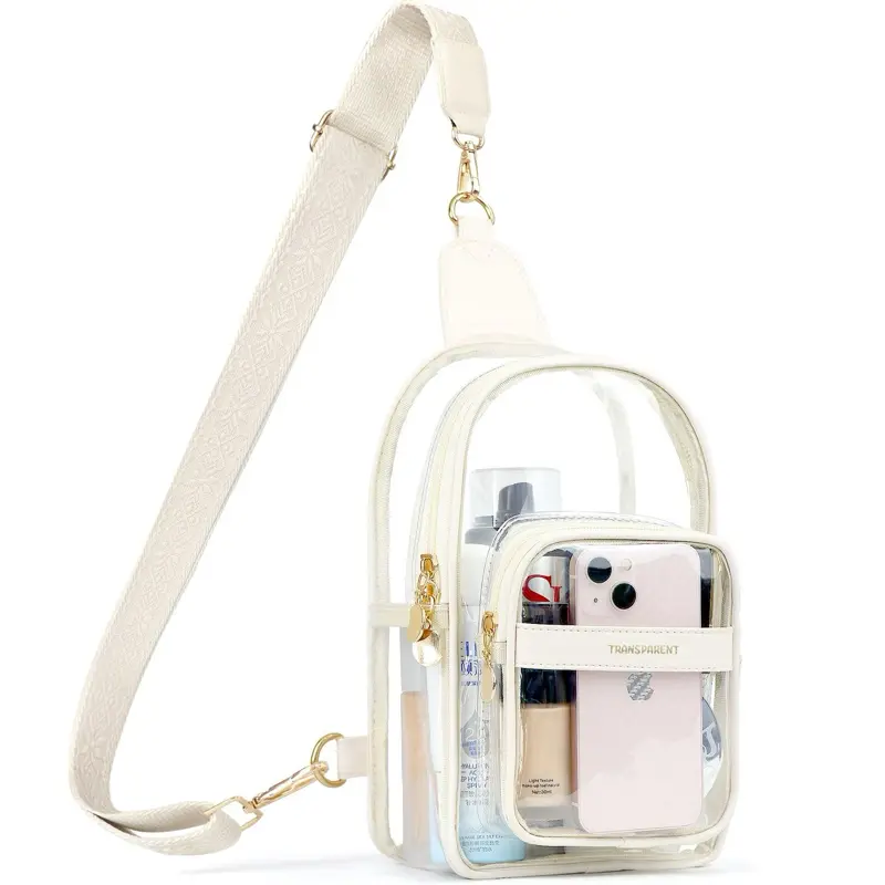 ZIOSINM Women's Medium Clear Crossbody Purse - Stadium-Approved Multi-Function Bag with Adjustable Strap, Compatible with Sunglasses & Jewelry (Beige), Purses Crossbody Bag