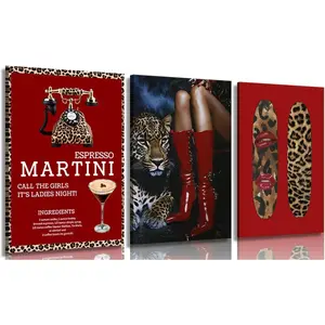 3Pcs Trendy Red Leopard Canvas Wall Art Vintage Trendy Boots Wall Decor Painting Coquette Sexy red lips Aesthetic Cheetah Pictures for Girls Bedroom Apartment Dorm Home Artwork Decorations
