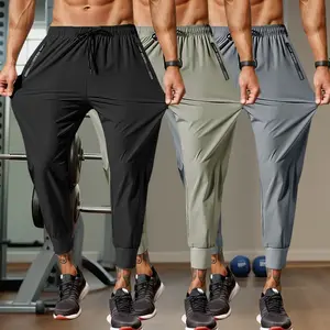 3pcs - Men's Casual Sports Nine-Point Pants - Ice Silk Breathable Comfortable Waist Drawstring Zipper Pocket - High Elasticity Fabric