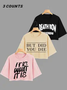 Women's Letter Gym Work Print Drop Shoulder Short Tee, Casual Short Sleeve Round Neck T-shirt for Summer, Ladies Clothes for Daily Wear