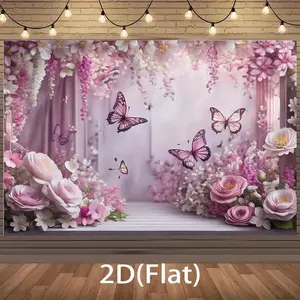 1pc Romantic Floral Polyester Banner - 2D Flat Design with Pink Roses, Butterflies, Flower Accents - Suitable for Pastel/White Weddings, Birthday Photo Backdrops (Home & Festive Party Supplies)
