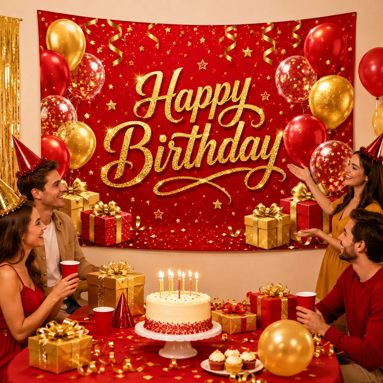 Birthday-Themed Festive Backdrops & Banners, Lightweight Polyester Hangable Glitter Balloon Decor, Happy Birthday Photo Booth Wall Tapestry for Adults Kids, Party Background Decoration