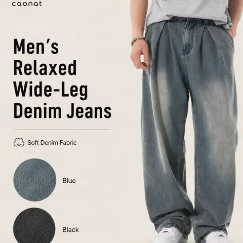 CAONAT Men’s Smooth Oversized Baggy Cropped Jeans, Loose-Fit Wide-Leg Vintage Washed Denim Pants, Streetwear Casual Hip Hop Trousers for Men (Pairs with Outfits, Sneakers, Jackets) Fathers Day Gift