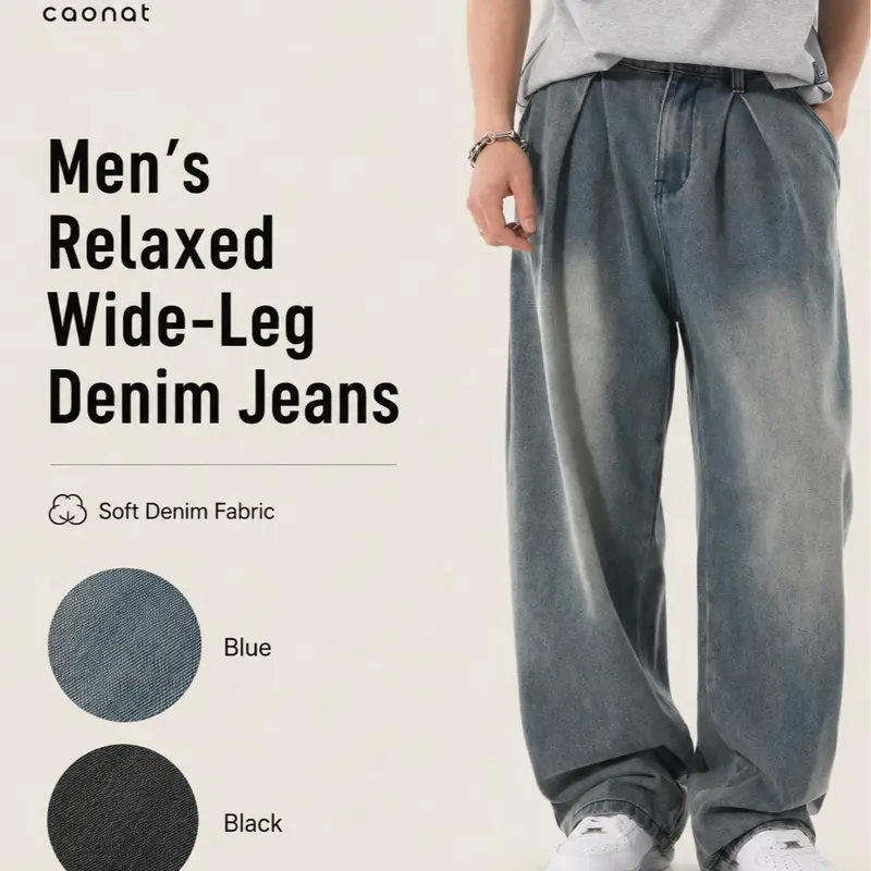 CAONAT Men’s Smooth Oversized Baggy Cropped Jeans, Loose-Fit Wide-Leg Vintage Washed Denim Pants, Streetwear Casual Hip Hop Trousers for Men (Pairs with Outfits, Sneakers, Jackets) Fathers Day Gift