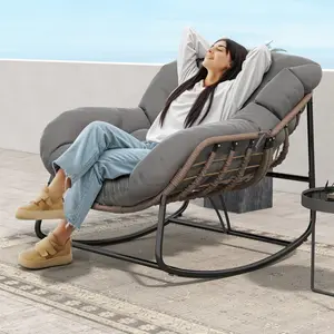LHBCRAFT Outdoor Rocking Chair with Thick Cushion,Oversized Wicker Rattan Patio Lounge Chairs for Backyard, Balcony, Nursery, Bedroom, Living Room, Grey,Christmas gift
