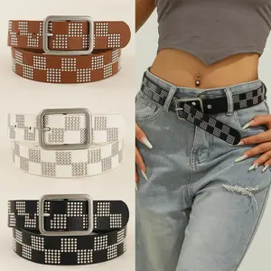 Punk Style Checkered Rhinestone Studded Belt Y2K Pin Buckle Belt For Streetwear