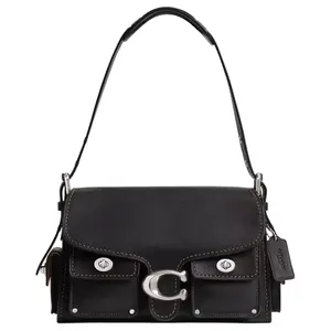 COACH CargoSoft Tabby 26 Crossbody Bag for Women, Motorcycle-Style Satchel with Silver Metal Logo Snap Closure, Black Natural Grain Leather