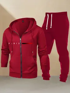 Spring/Autumn New Arrival Men's Suit Set Trendy Personalised Colourful Ribbon Letter Print Casual Sports Regular Plus Size Zip Pocket Jacket with Elasticated Waist Drawstring Trousers Men's Two-Piece Set