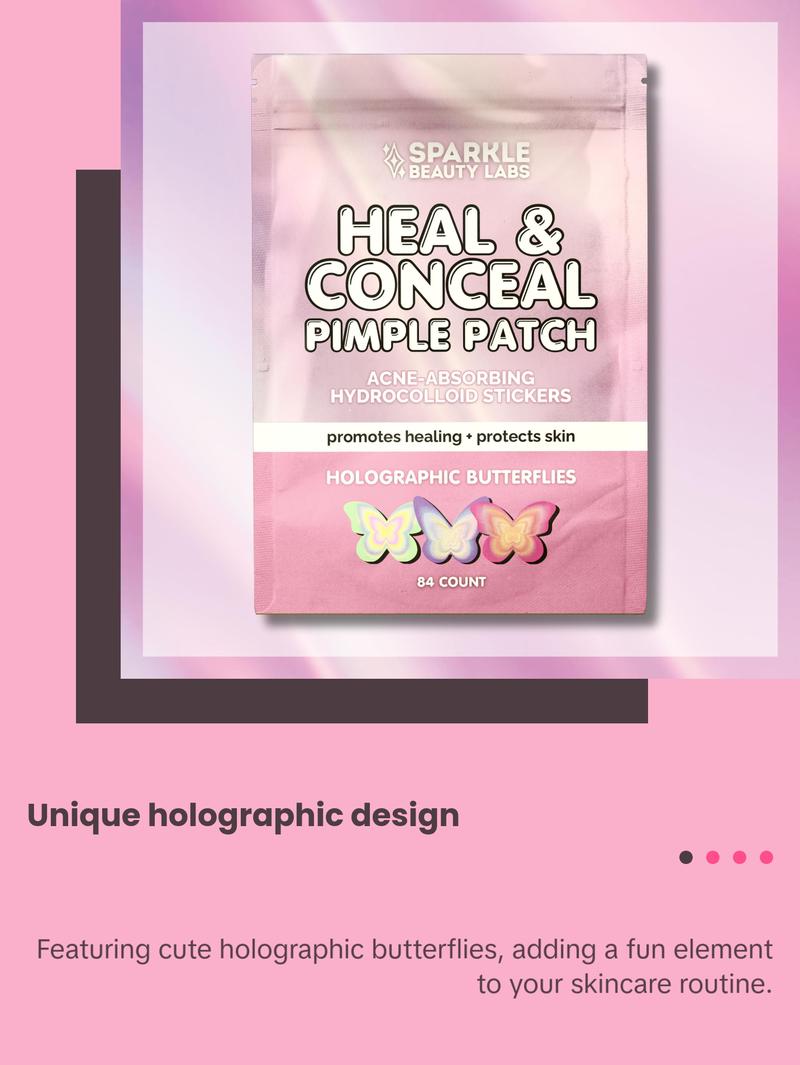 Heal & Conceal Pimple Patch - Cute Holographic Butterfly Shaped Acne Patches, Fun Hydrocolloid Zit Stickers for Face (Iridescent Pink Butterflies, 84 Count) by Sparkle Beauty Labs