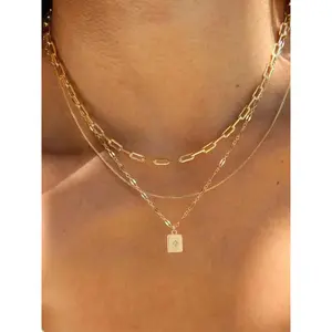 3 Piece Trendy Grid Paperclip Box Chain Set with Sparkling Star Artificial Zircon Rectangle Mini Pendant Necklace Minimalist Chain Necklace Exquisite Chain Jewelry