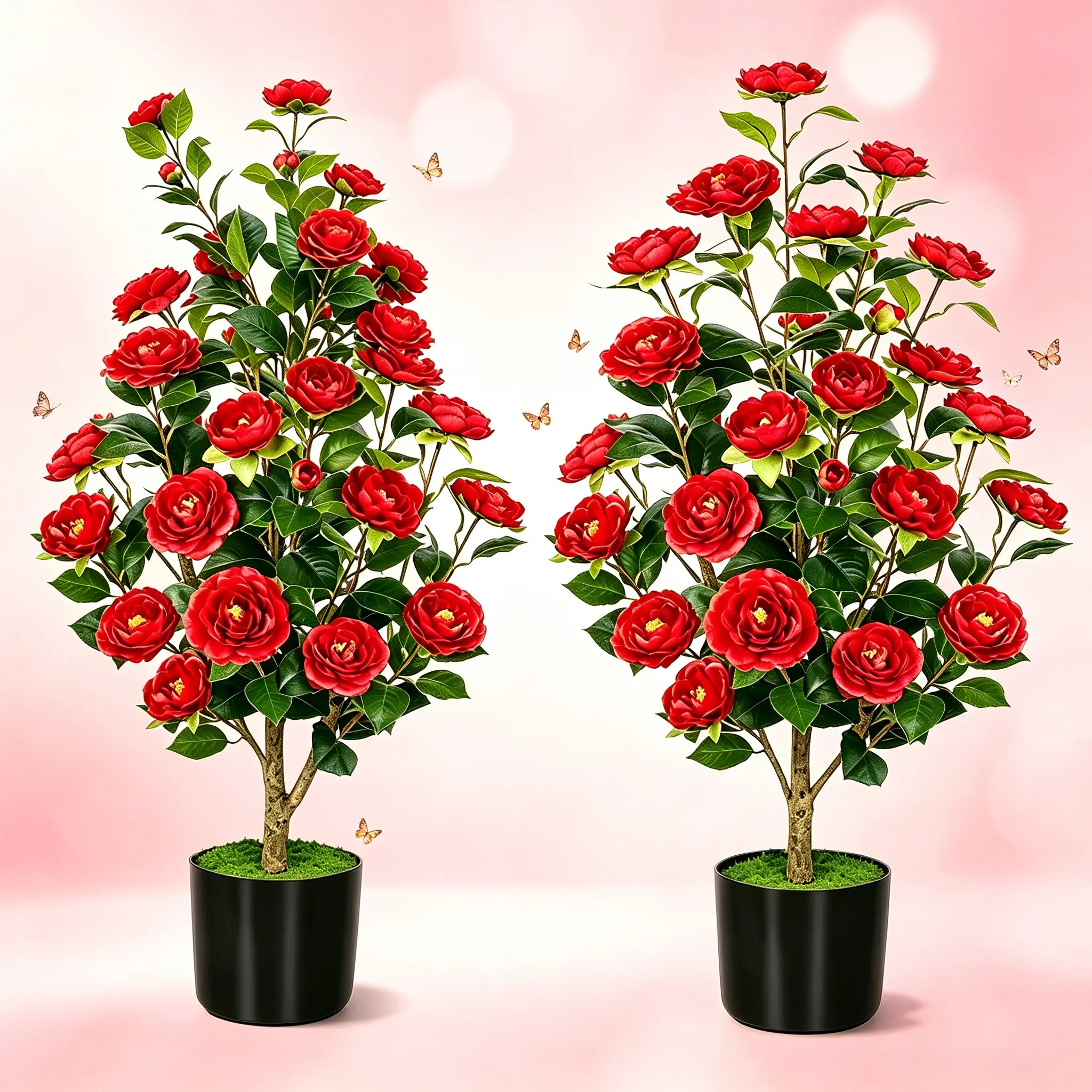 2 Pcs 35-Inch Lucky Red Artificial Camellia Trees with Pots, Realistic Faux Flower Potted Plants, Greenery Decor for Indoor Home & Outdoor Courtyard Porch Spring Use