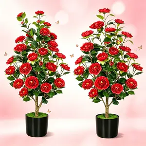 2 Pcs 35-Inch Lucky Red Artificial Camellia Trees with Pots, Realistic Faux Flower Potted Plants, Greenery Decor for Indoor Home & Outdoor Courtyard Porch Spring Use summerwins