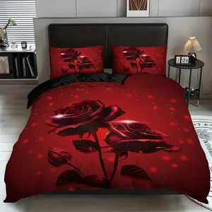Rose Print Duvet Cover Set, 3 Counts/set Including 1 Duvet Cover & 2 Pillowcases without Filler, Breathable  Decorative Bedding Set for Home Bedroom
