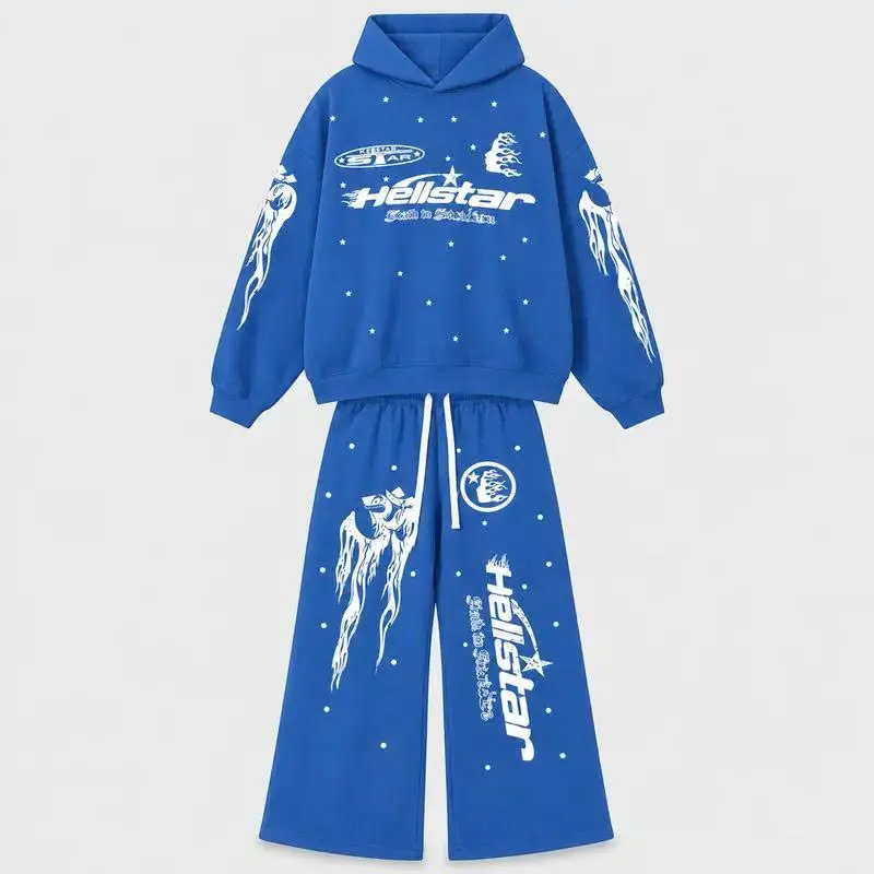 Hellstar Flame Star 2 Piece Hoodie and Sweatpants Set | Royal Blue Oversized Y2K Tracksuit | Multiple Colors Unisex Sweatsuit