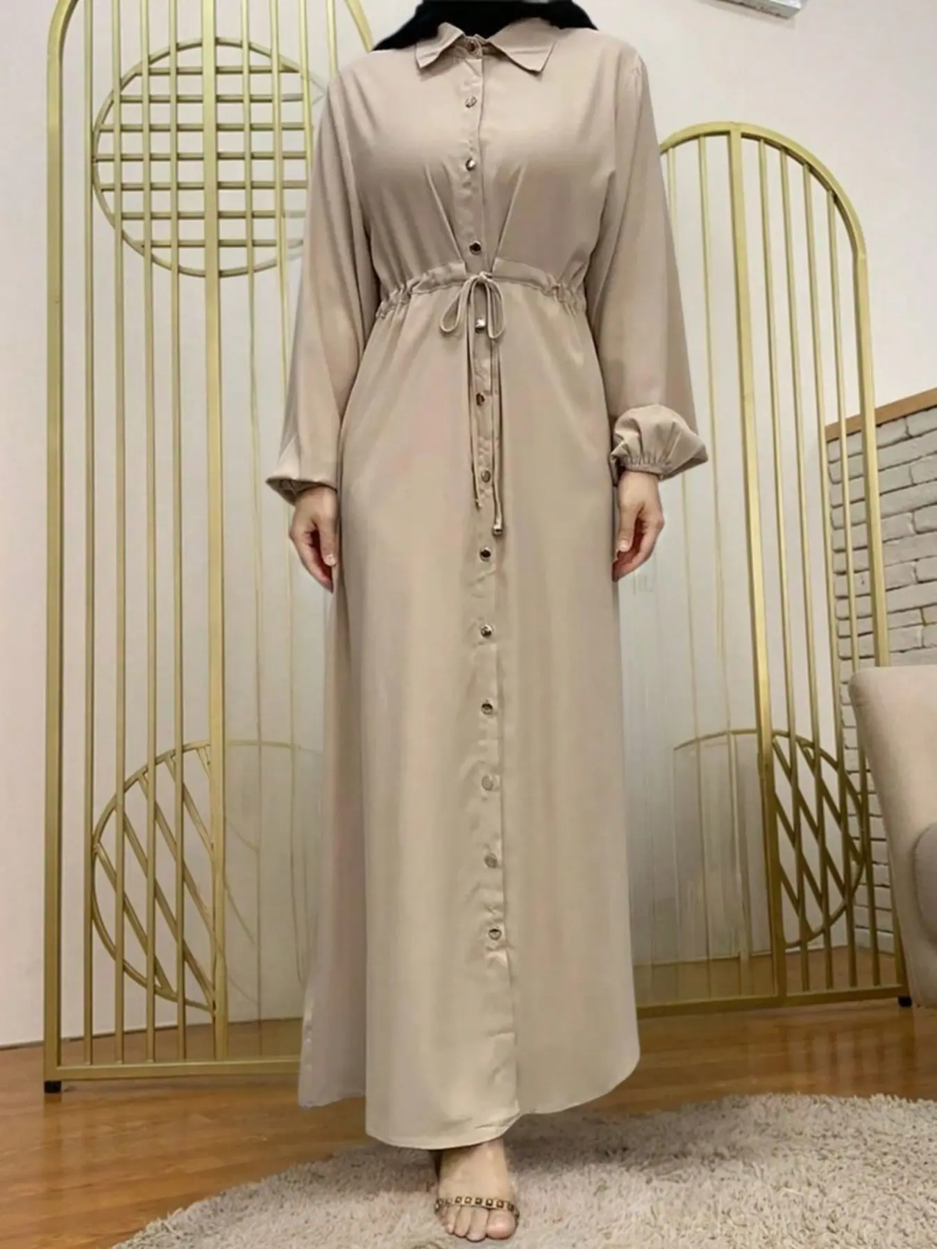Elegant Apricot Drawstring Long Sleeve Shirt Dress Women's Waist-Cinch Slimming Commuter Long Dress Stylish Office Wear Long Sleeve Dresses