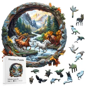 Wooden Puzzle 5A Difficulty Autumn Horses Valley Horse Jigsaw Healing Decompression Immersion Challenge Puzzle Gifts for Creativity Fan Nature Scenery Puzzle