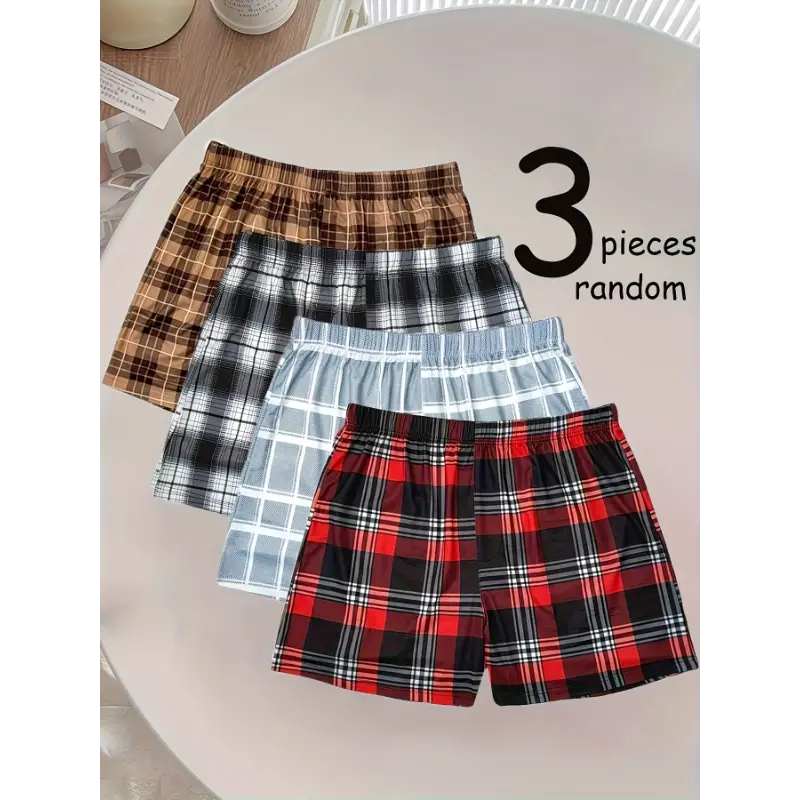 3-Pack Men's Plaid Boxer Shorts, Comfortable Loose-Fit Knitted Polyester Fabric, Breathable for Casual Everyday Wear, 3 Pieces In Random Colors, Checked, Menswear, Elastic, Clothes, Crochet, No