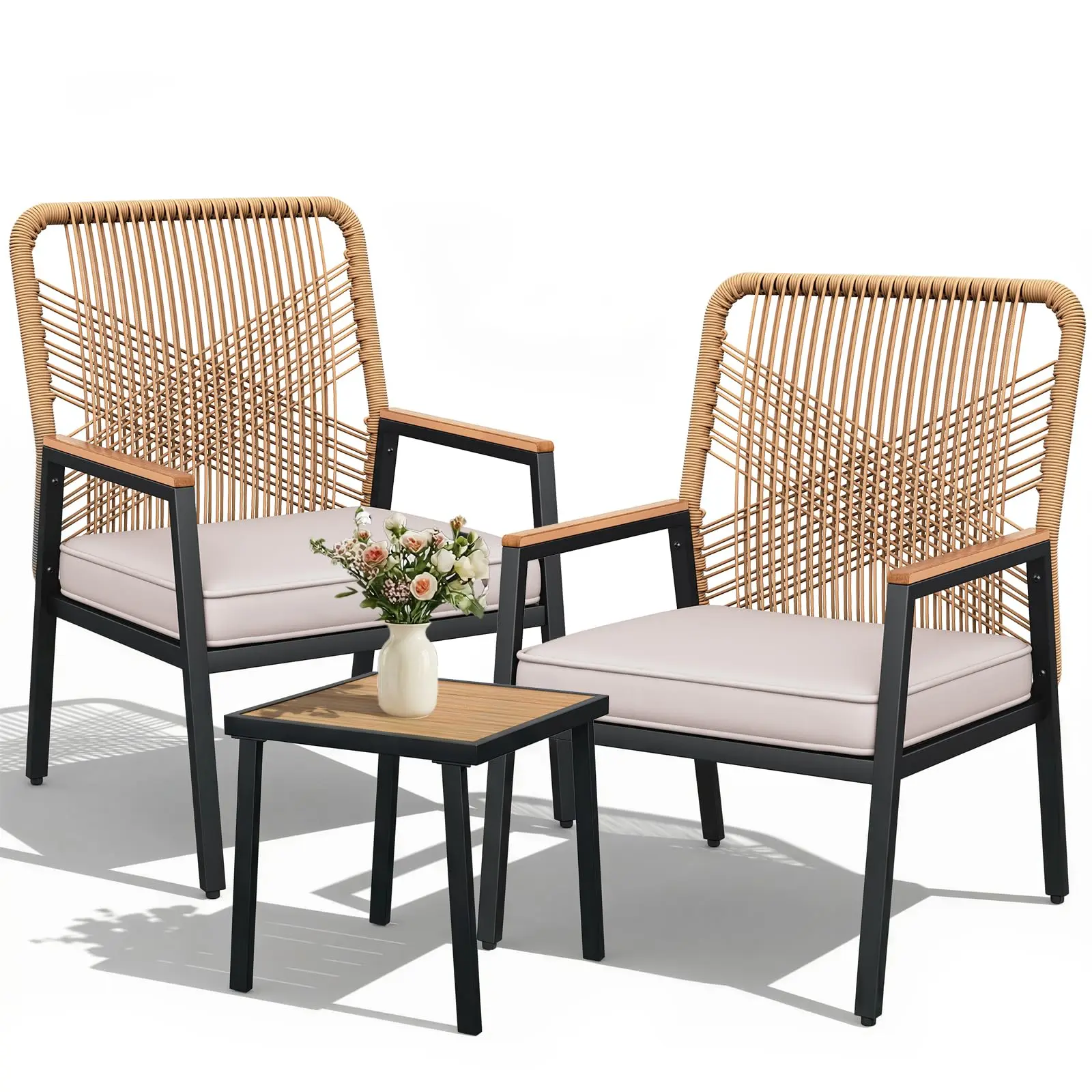 LIFERUN 3-Piece Patio Furniture Set, 2 Outdoor Rattan Chairs with Side Table, 3.15 in Thick Cushions and WPC Armrests, Comfortable Wicker Conversation Set for Balcony, Porch, Backyard, Garden, Deck and Small Outdoor Spaces