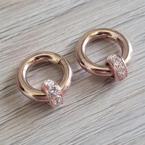 Pair Rose Gold Clicker Rings Gauge Earrings Plugs Bling CZ Gem Rhinestone Big Gauge Stretched jewelry helix women unique pretty formal wedding