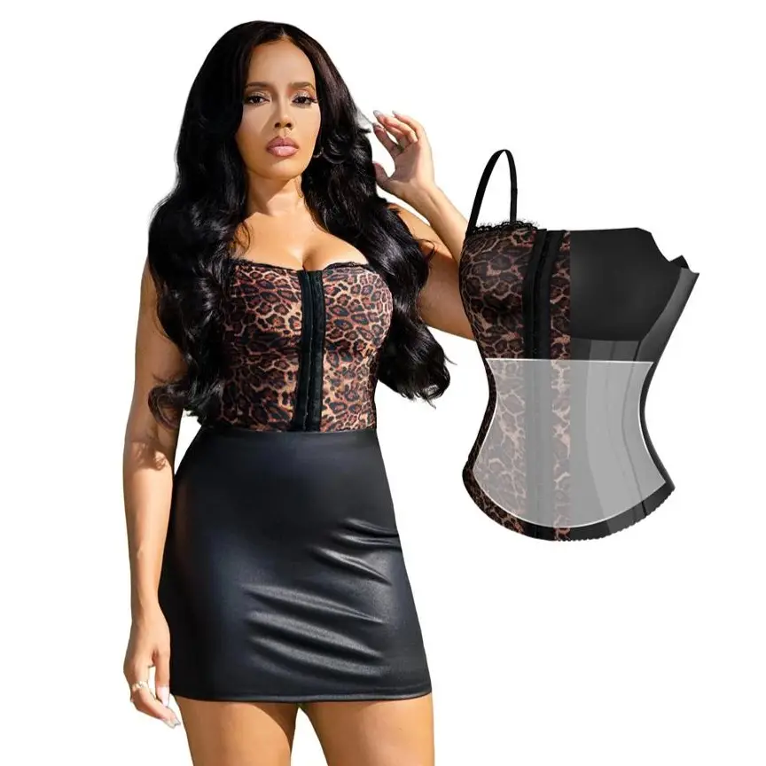 Popilush X Angela Leopard Halloween Corset Top Sexy Detachable Strap Lace Up Sculpting Shapewear Bustier with Waist Cincher Tummy Control Back Suppor