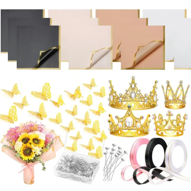 195Pcs All-in-One Flower Bouquet Decor Kit, Wrapping Paper, Crowns, Butterfly Ornaments, Floral Pins & Ribbons for Wedding Graduation Mother' s Day(Excluding flowers)