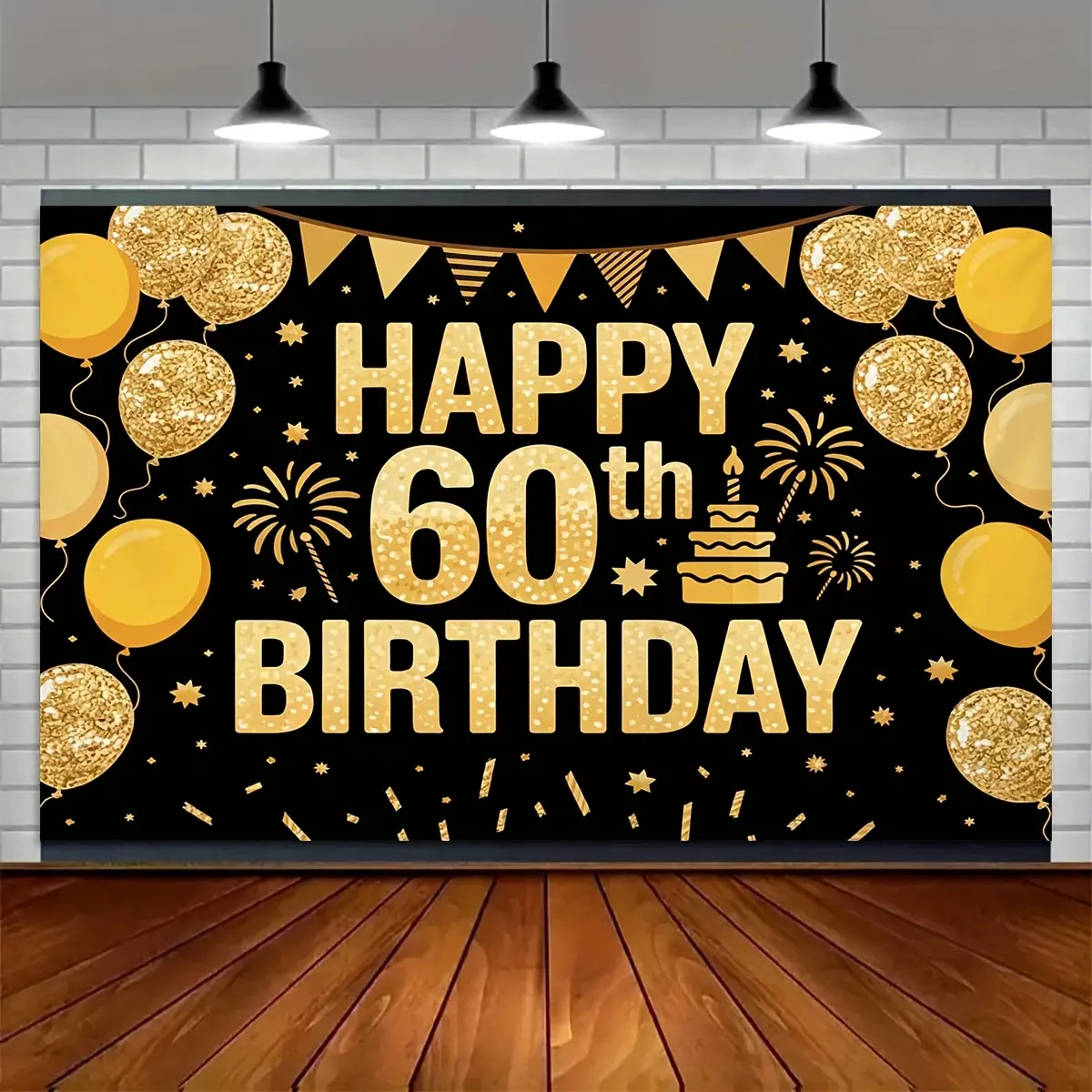 60th Birthday Theme Textile Backdrop Banner, Grand Black and Golden Party Decor, Durable Indoor-Outdoor Event Supplies (Letters-Infused Design)