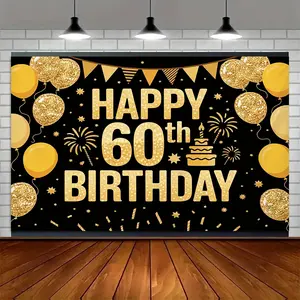 Grand Black and Golden 60th Birthday Theme Backdrop Banner for Party Supplies, Event Decorations, Durable Indoor & Outdoor Use