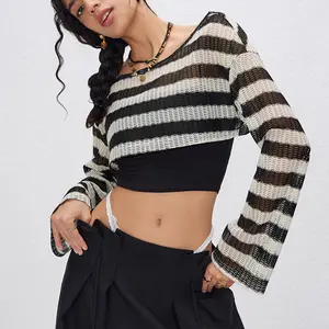 Black and White Striped Mesh Knit Crop Top with Long Flared Sleeves and Wide Neckline – Trendy See-Through Streetwear Look-D240246