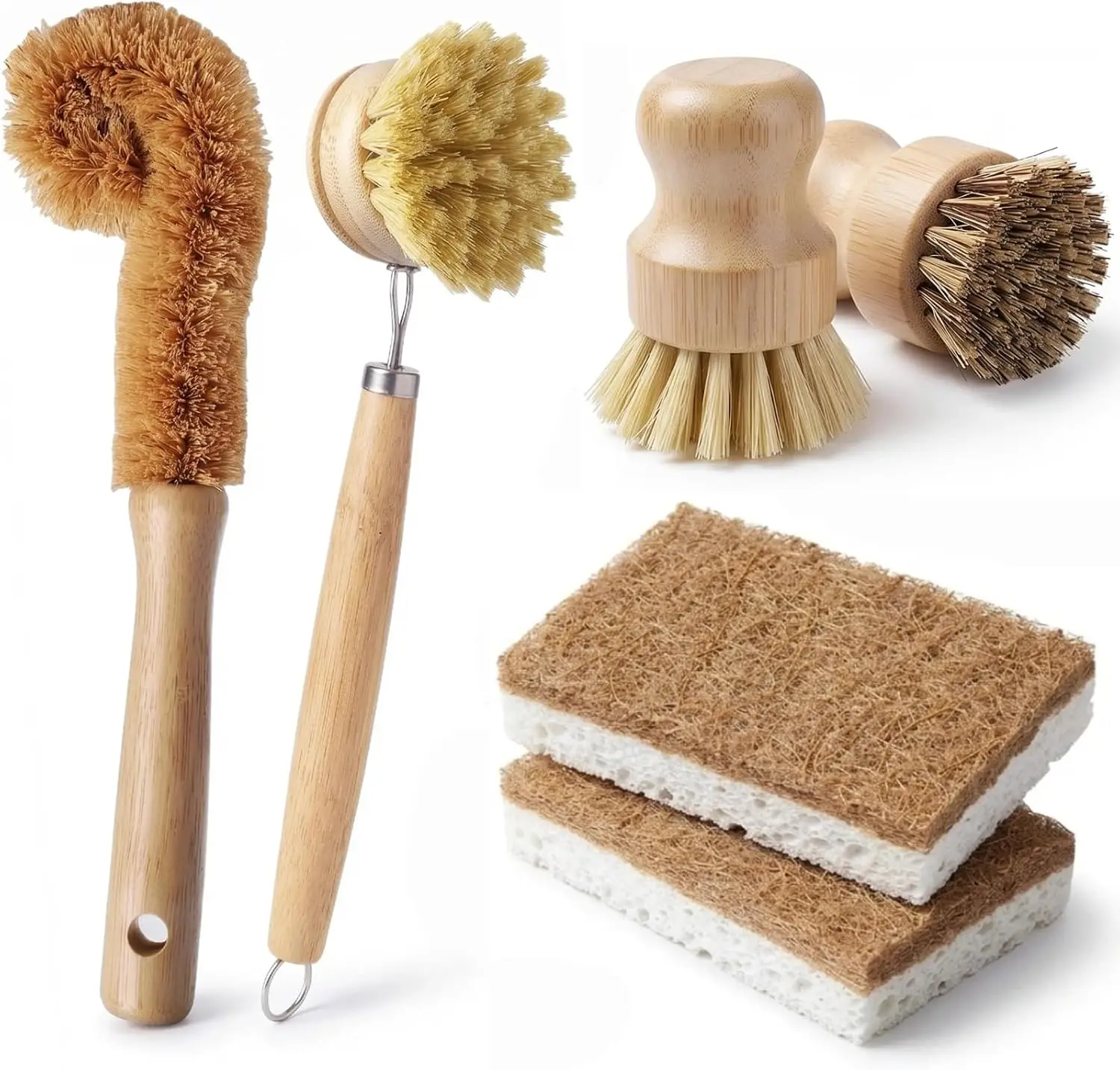 6 pcs Natural Bamboo Dish Brush Set with 4 Utensil Brushes and 2 Fiber Dish Sponges Multi-Surface Kitchen Scrub Brushes for Cleaning Pots, Pans, Dishes, Bottles