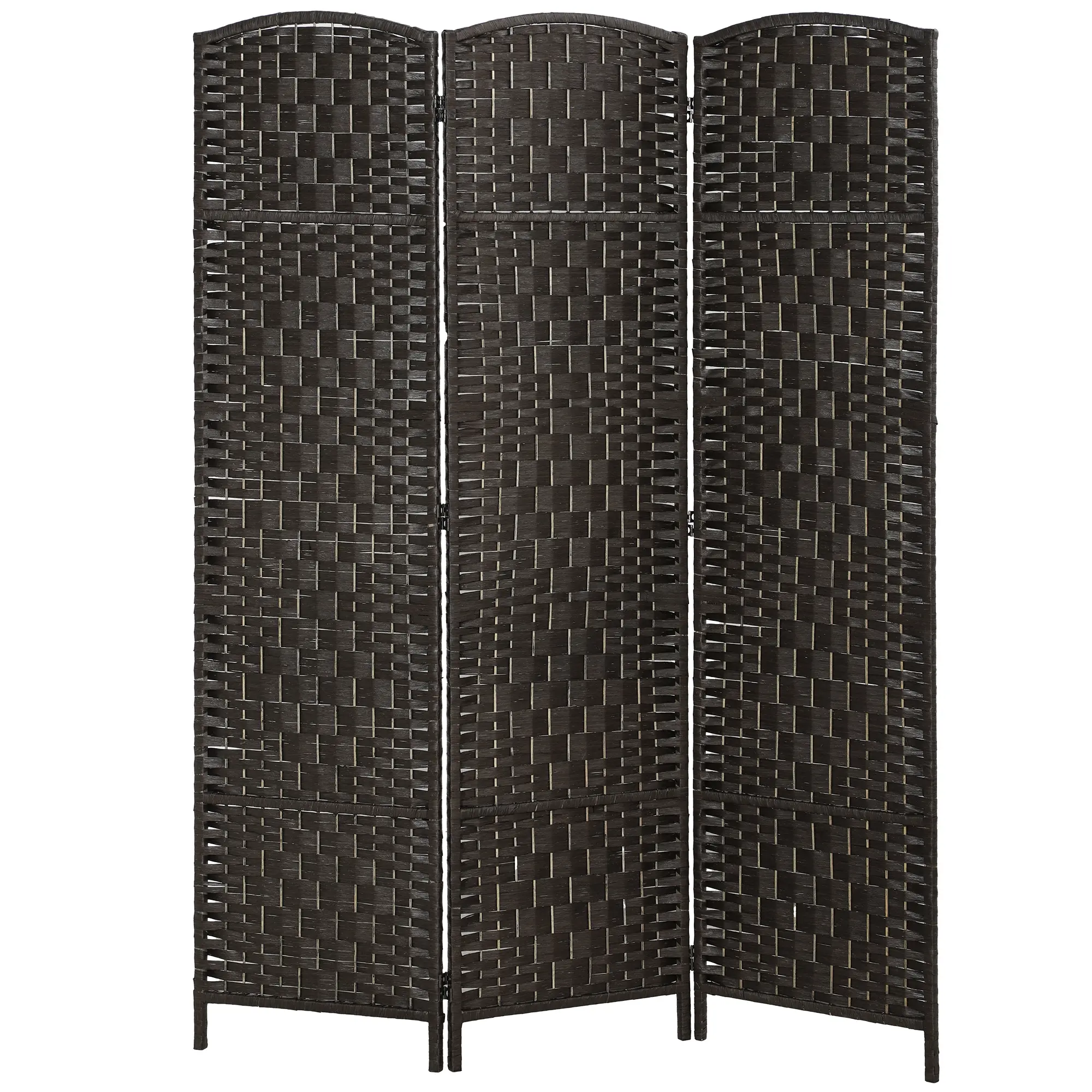 3 Panel Folding Room Divider – Coffee. 70.9" Tall Wicker Weave Partition. Arched Top + Poplar Wood Frame. 360° Dual-Direction Hinges. No Assembly