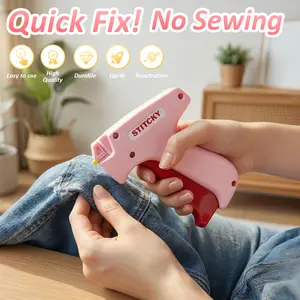 Stitch Gun for Clothes, Handheld Stitch Gun QuickClothing Fixer, Sewing Kit Includes 1,000 Black Fasteners& 1,000 White Fasteners & 6 Needles (Pink)
