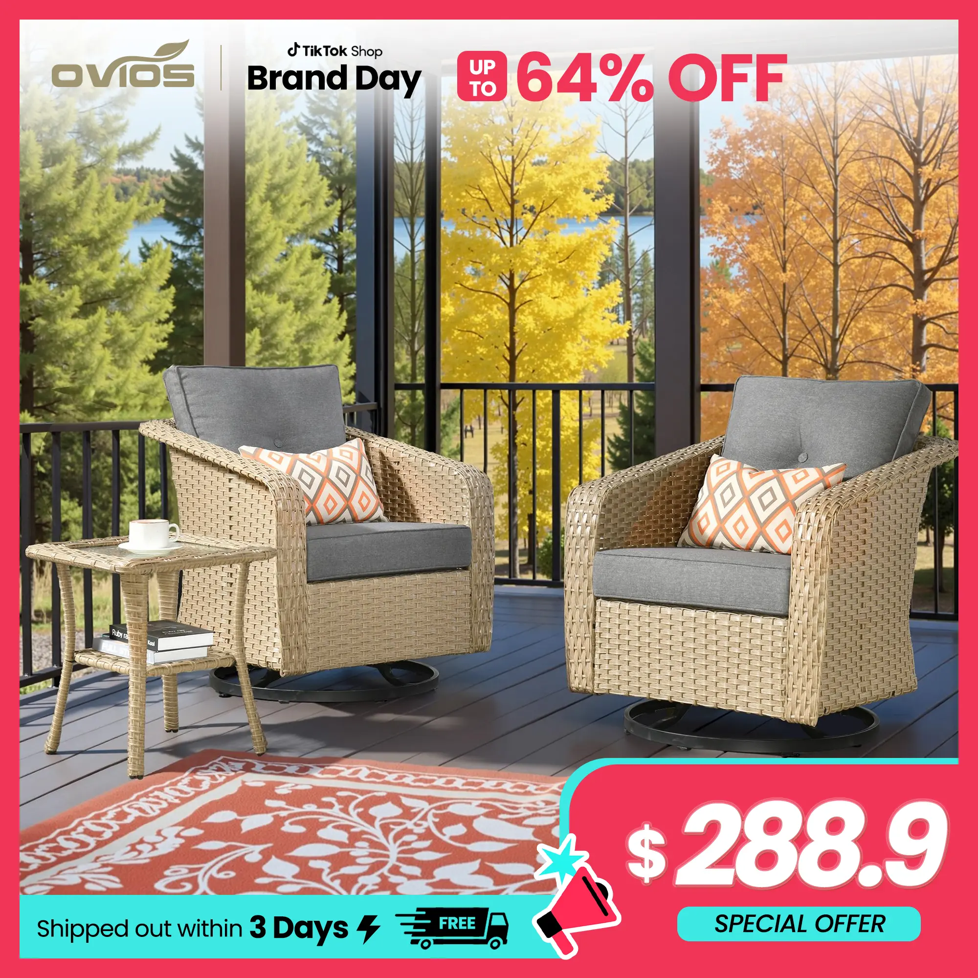 【Summerfinds】Ovios 3 Pieces Patio Rocking Chairs with Side Coffee Table, Outdoor Wicker Swivel Chairs of 2, High Back Glider Chairs Rocker Set for Garden, Weather - Resistant PE Rattan