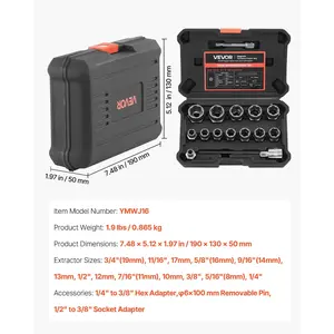 VEVOR Bolt Extractor Kit, 16 Pieces Impact Bolt Nut Remover Set with Adapters and Pin Punch, Solid Storage Case, Cr-Mo Steel for Removing Damaged, Rusted, Stripped, Rounded Bolts, Nuts and Screws