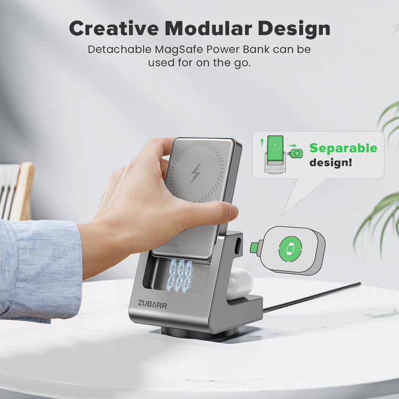 3-in-1 Wireless Charging Station with Removable 5000mAh Magnetic Power Bank for iPhone 12/13/14/15/16 Series, AirPods iWatch Series Wireless Charger