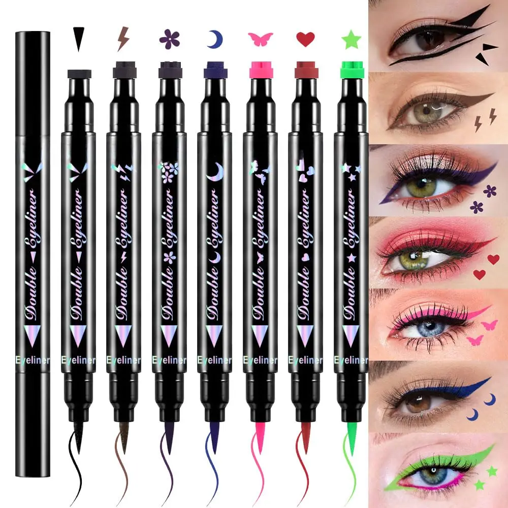 7Pcs Waterproof Colored Eyeliner Stamp Pen Multi-Pack - Winged Cosmetic Tool for Easy Gorgeous Eye Shapes, Includes Blue Moon, Purple Flower, Red Heart, Green Star, Pink Butterfly Shades