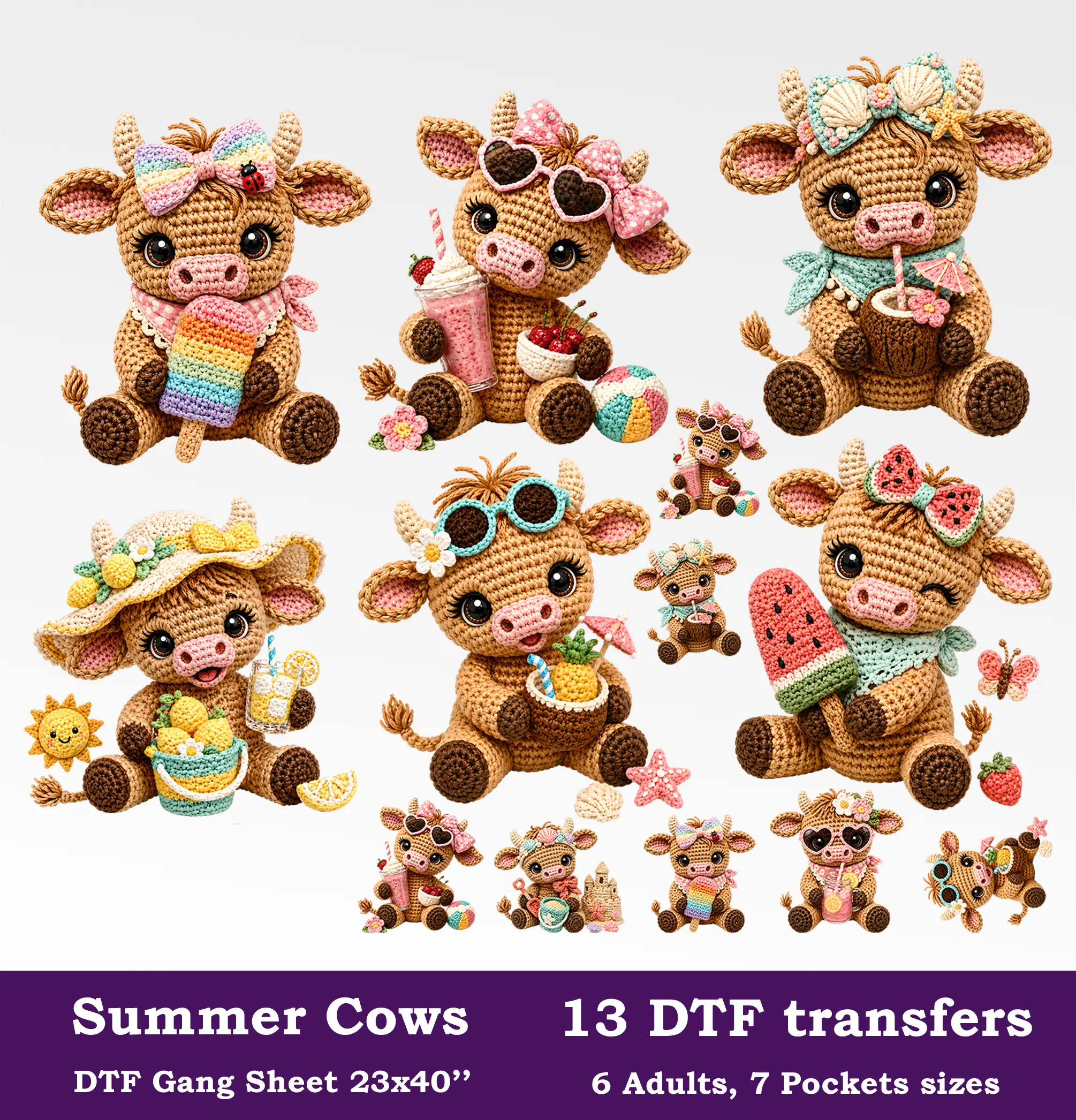 Summer Cows DTF Gang Sheet, 23x40 in. Cute Heat transfers