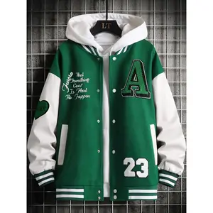 Alphabets Print Color Block Varsity Jackets, Men's Casual Baseball Collar Jacket Coat For Spring Fall