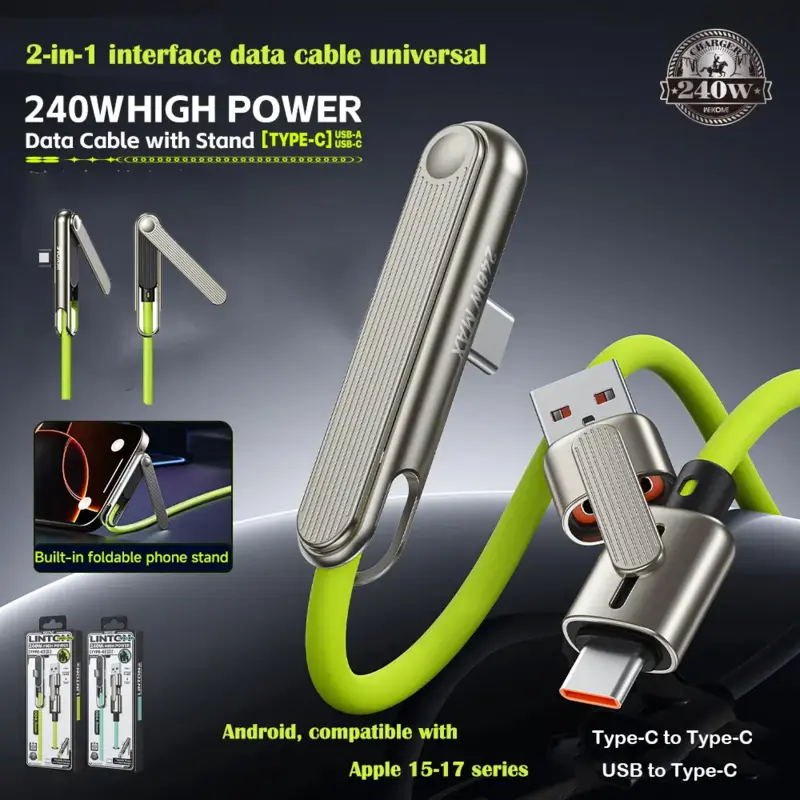 Universal 4 in 1 Fast Charging USB Multifunctional Charging Cable 240W with Adjustable Phone Stand Compatible with iPhone Android Type C for Home Office Car Travel