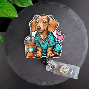 Dachshund in Scrubs Retractable ID Badge Reel, Cute Wiener Dog in Scrubs Nurse Vet Tech Badge Holder, Heavy Duty Reel, Lanyard, Carabiner