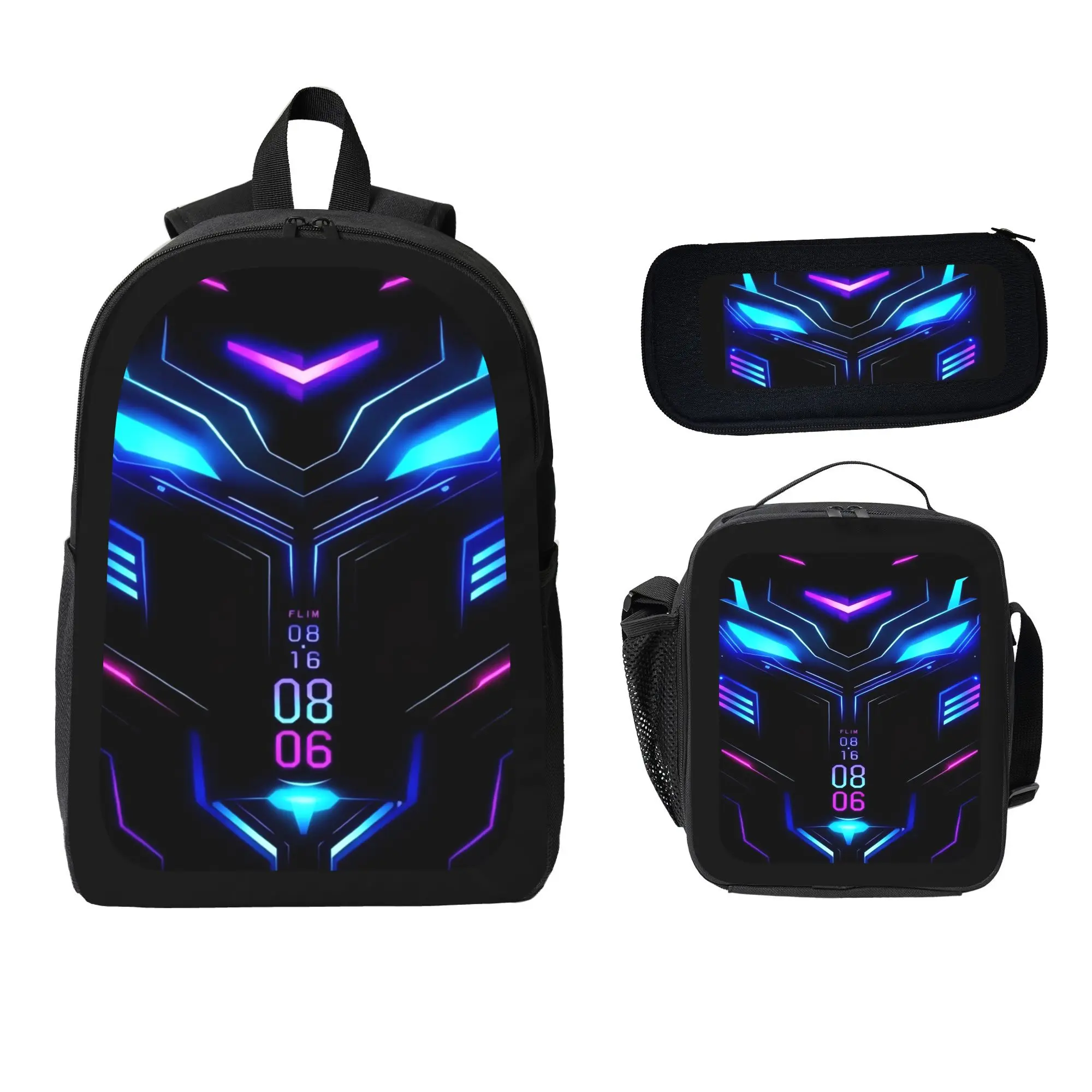 Boys' Heavy-Duty Robot Pattern 3-Piece School Backpack Combo Pack - Includes Gym/Shoulder Bag, Lunch Box, Pencil Case for Children