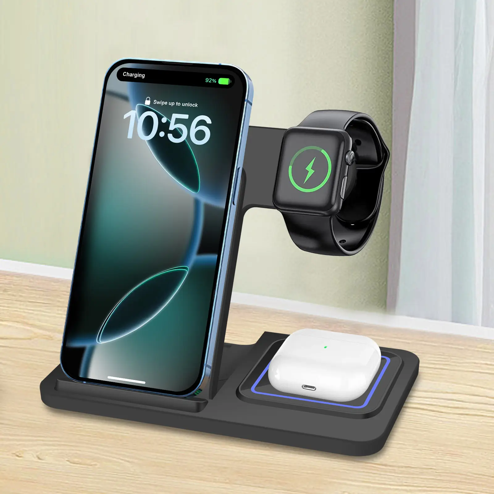 Wireless Charging Station, 3 in 1 Foldable Wireless Charger Stand for iPhone 17/16/15/14/13/12/11/X Series, Apple Watch Ultra/10/9/8/7/SE/6/5/4/3/2, A
