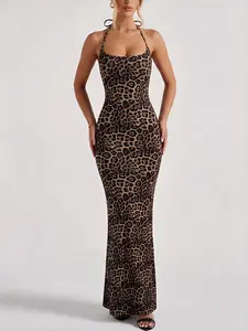 Tiktok Trendy Women's Vintage Leopard Print Long Dress, Slim Fit Evening Gown, Party & Vacation Wear, High Heat Female Long Dress