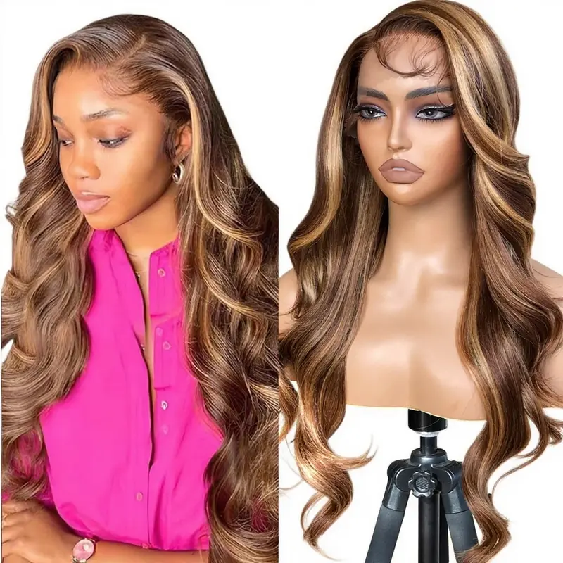 ZIHAN Women's Colored Synthetic Lace Front Wig - Ombre 4/27 Highlight Brown Honey Blonde, HD Transparent Lace, Glueless Pre-Plucked with Baby Hair, Everyday Wear Wig for Natural Look, Honey Blonde Wigs