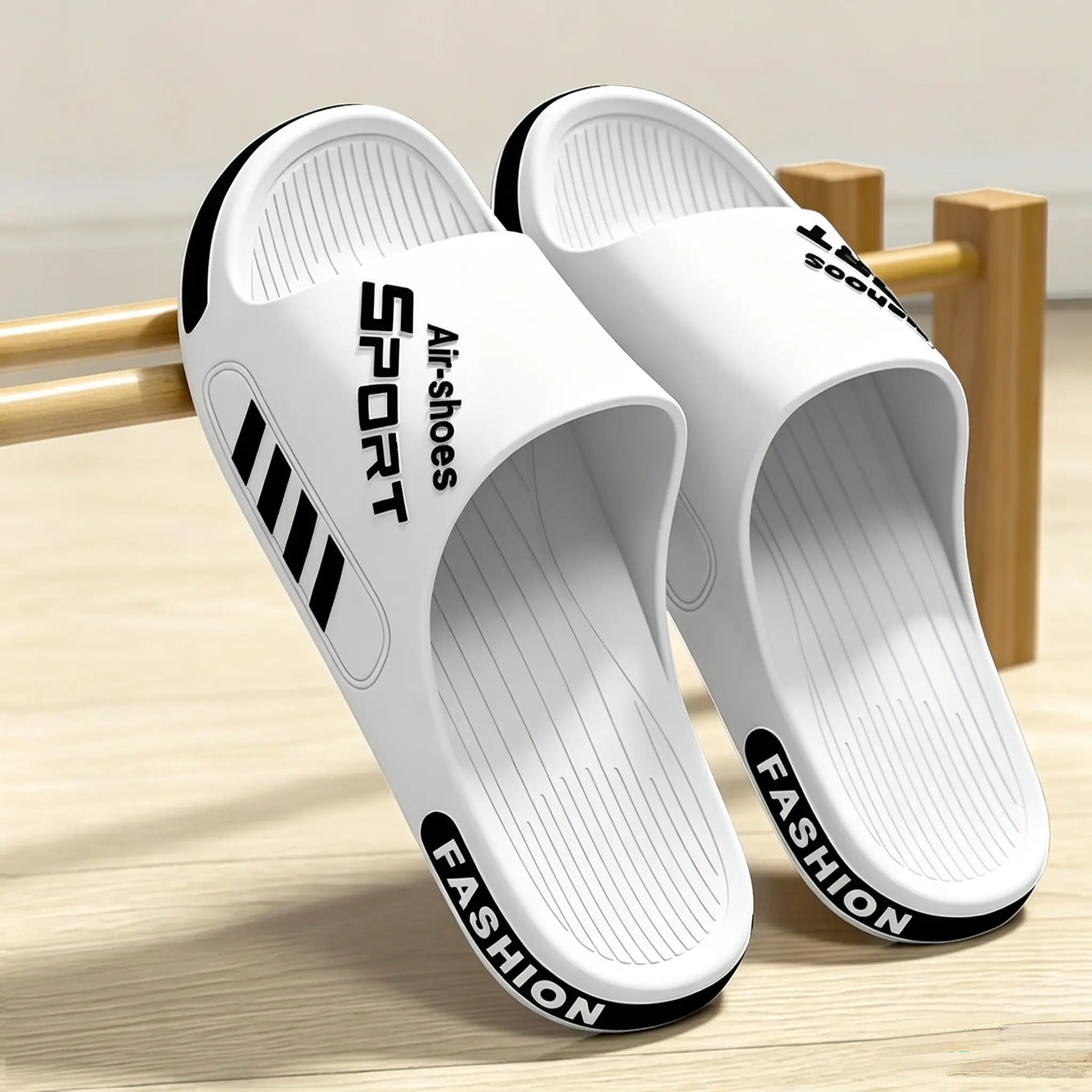 Men's Black White Chic Slip-On Sport Slides - Non-Slip Soft Open Toed Slippers for Couple, Indoor, Beach Wear