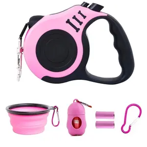 Retractable Dog Leash Lightweight 16FT Leash, with Folding Bowl,Dispenser,Waste Bags, for Small Medium Dogs(Pink)
